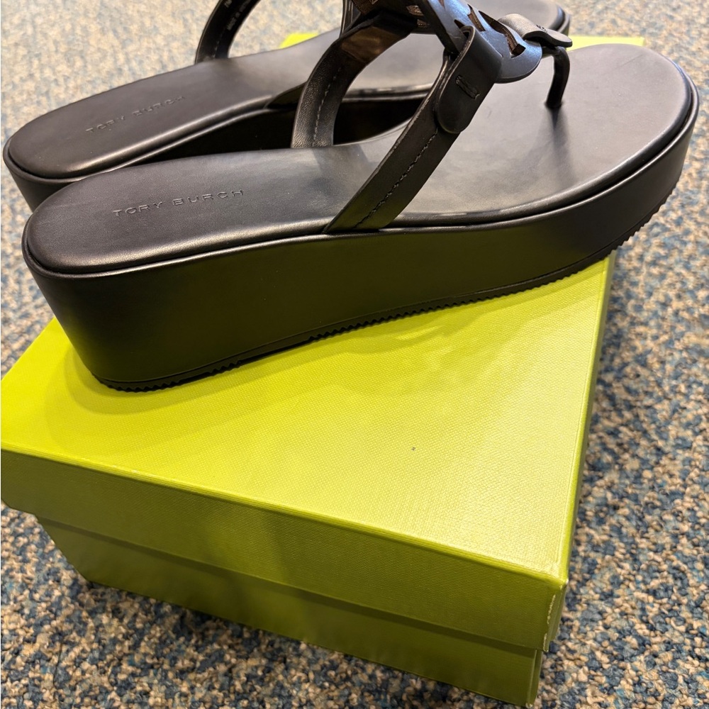 Tory Burch Miller Wedge 25MM Black Leather Sandals - Picture 6 of 9